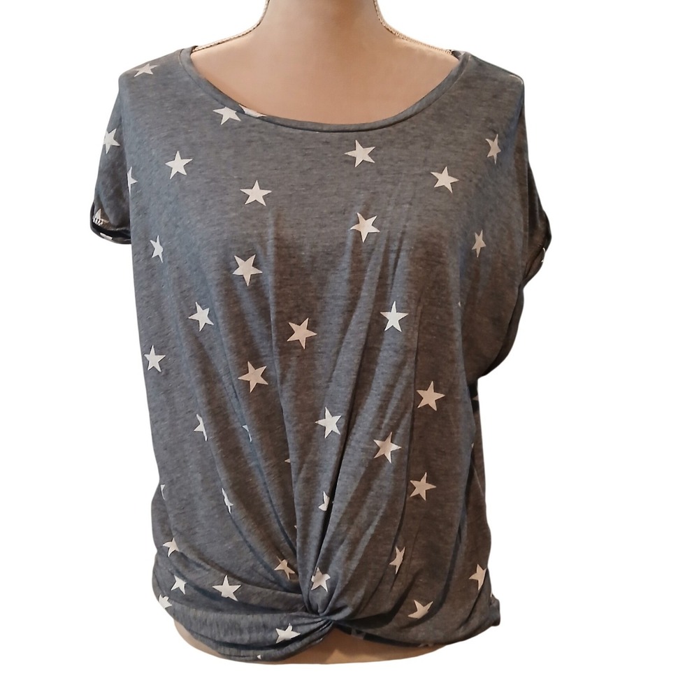 Lucky Brand Womens Gray Blue Star Print Twist Front Short Sleeve Top Large